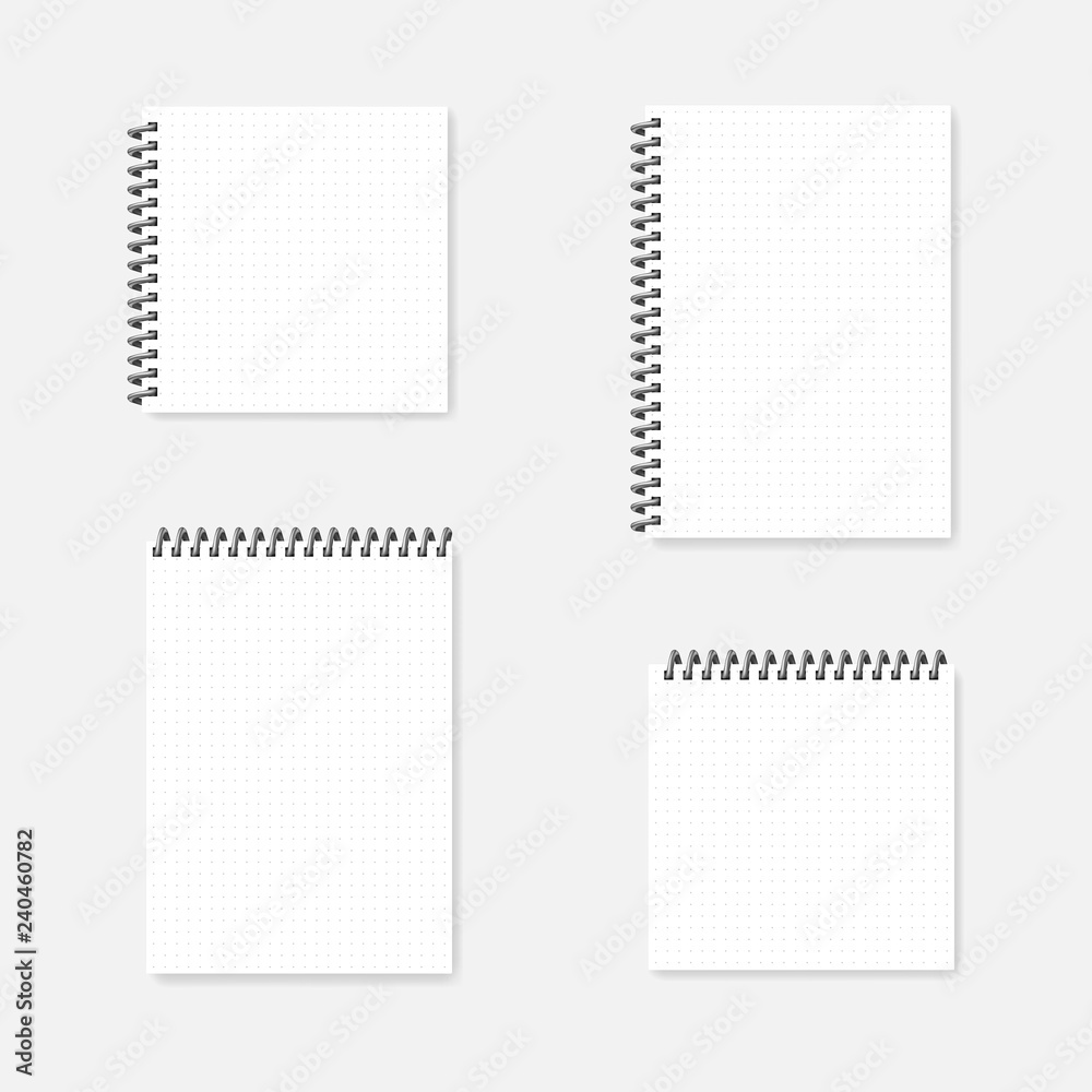 A4 and square side and top spiral dot grid notebook mockup set Stock
