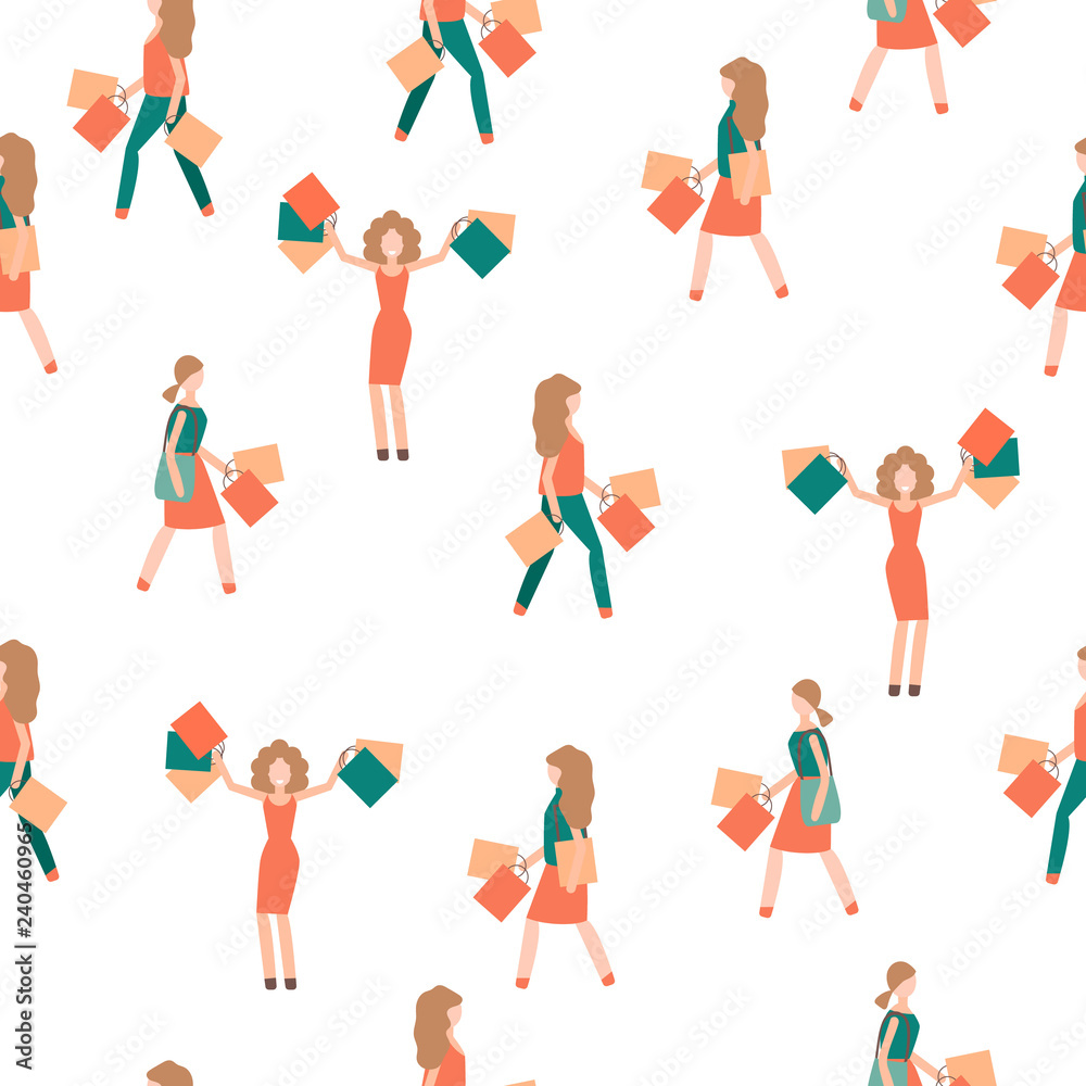 People with shopping bags. Seamless pattern with girls and woman. Vector illustration. People with shopping bags. Seamless pattern with girls and woman. Vector illustration.