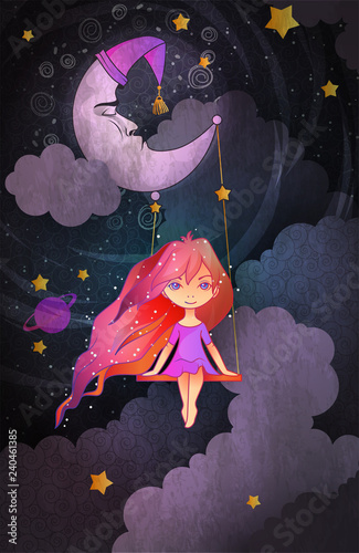 Cute little girl swinging on a crescent in front of night sky. Insomnia concept. Cartoon style vector illustration