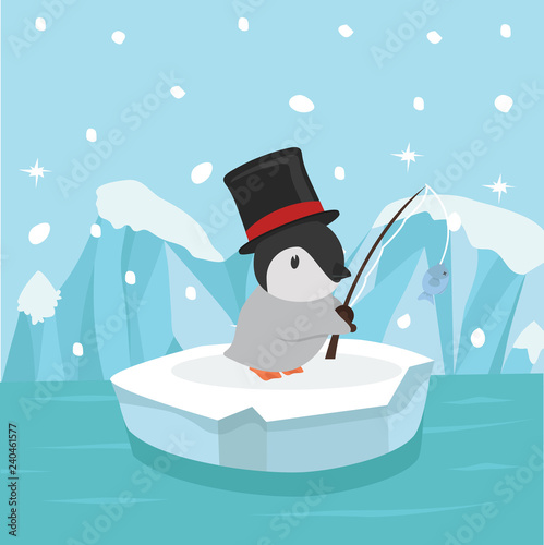Cute penguin fishing on ice floe