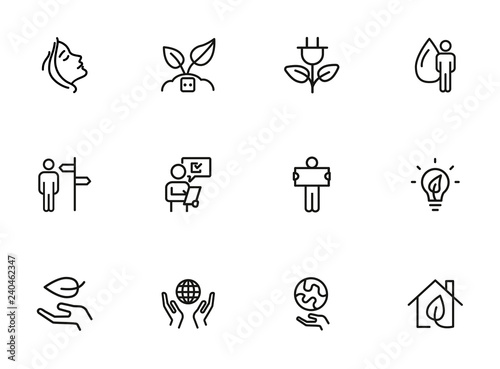 Nature saving line icon set. Set of line icons on white background. Ecology concept. Leaf, person, battery, energy. Vector illustration can be used for topics like environment, ecology