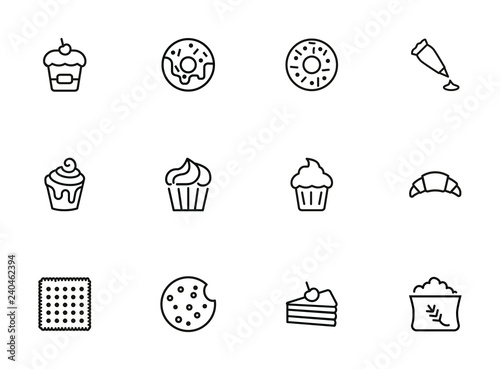 Sweets line icon set. Set of line icons on white background. Confectionery concept. Donut, cupcake, pie. Vector illustration can be used for topics like bakery, baking