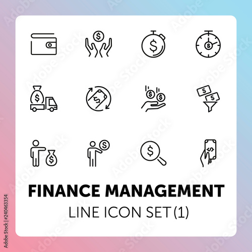 Finance management line icon set. Purse, earning, loan. Money concept. Can be used for topics like business, investment, saving, charity