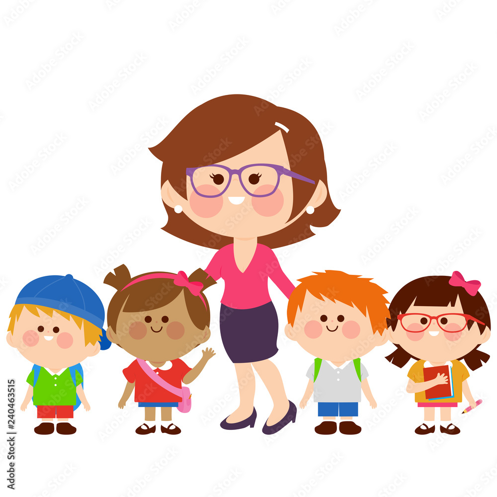 Teacher and her children students. Vector illustration