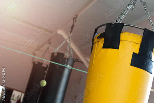 Punching bags of different shapes hanging on the ceiling on chains. Punching bag hanging on chains on the hook. © pavel_shishkin