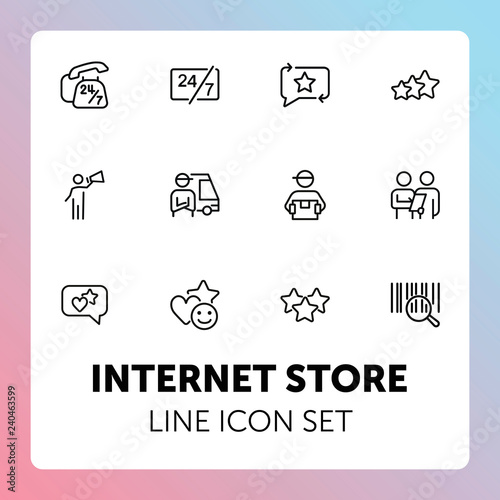 Internet store line icon set. Bar code, courier, like. Online shopping concept. Can be used for topics like customer feedback, delivery, rating