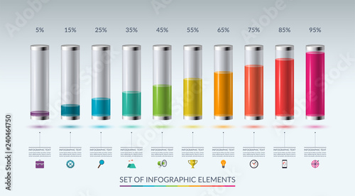 Set of infographic elements for graph, chart or diagram in the form of glass flasks filled with colored liquid. Vector illustration