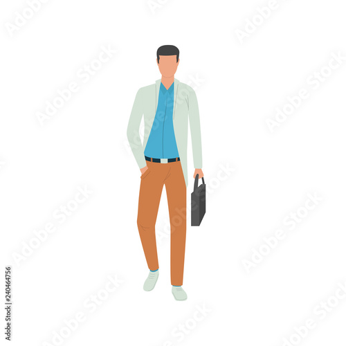Walking businessman flat icon. Guy, male, casual, jacket. People concept. Vector illustration can be used for topics like age, occupation, lifestyle