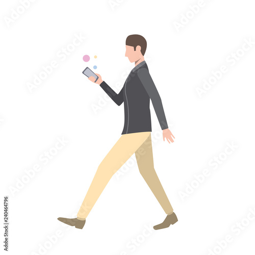 Walking man using smartphone flat icon. Mobile phone, device, checking messenger. Communication concept. Vector illustration can be used for topics like technology, wireless connection, online app