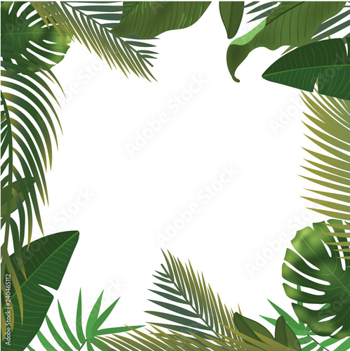 Background with realistic green palm leaf branches on white background. flat lay, top view