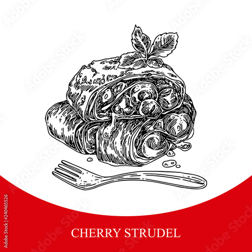 Three pieces of cherry strudel with fork. Sketch. Engraving style. Vector illustration.