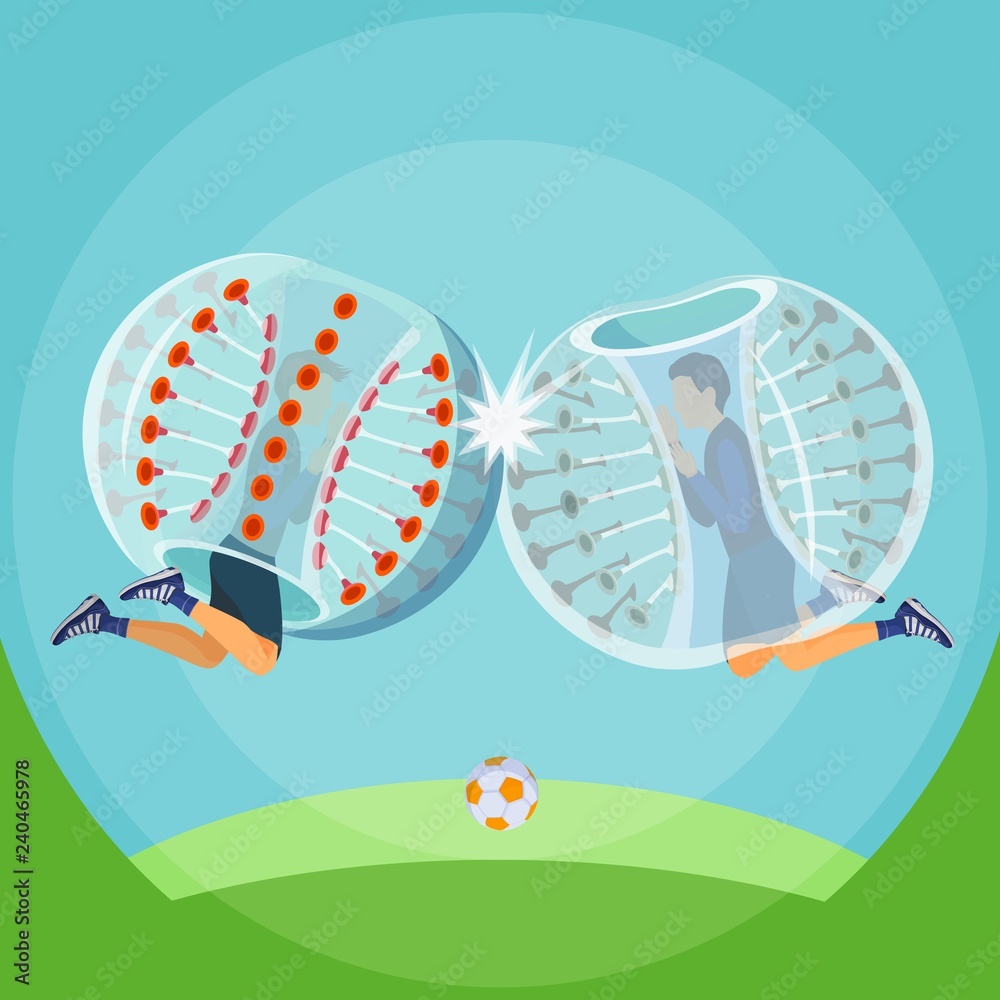 Zorbing illustration. Two man play zorbing soccer