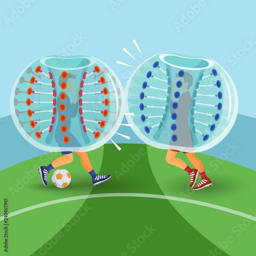 Zorbing illustration. Two man play zorbing soccer photo