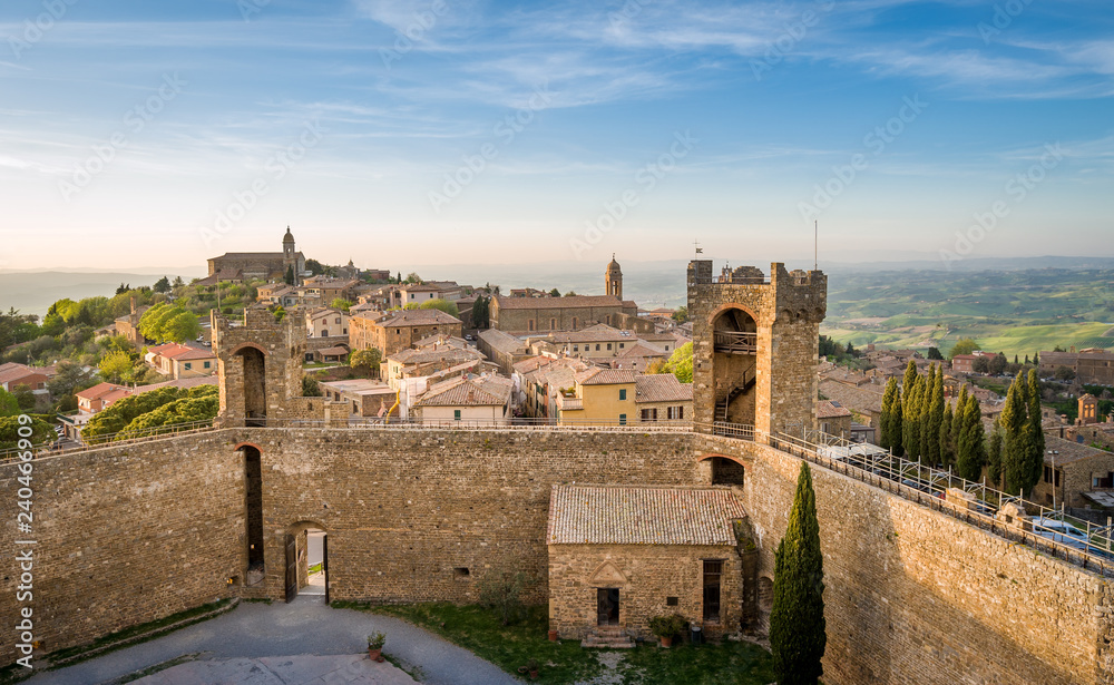 Aerial panoramic view of Montalcino fortress and old town.