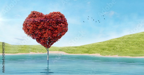 Heart shaped tree with red leaves growing in the lake in the grass field, nature background, skyscape, 3d rendering, 3d illustration