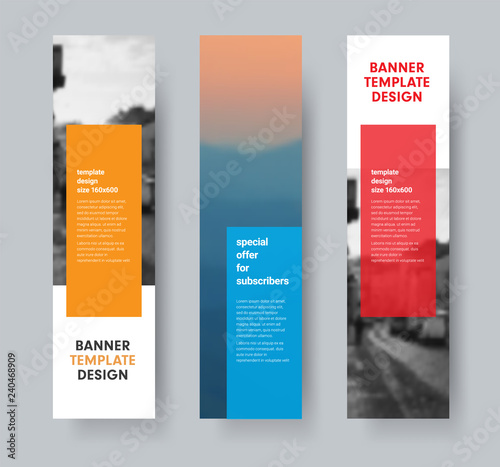 Template of vertical vector banners with transparent colored dice for text and place for photo.