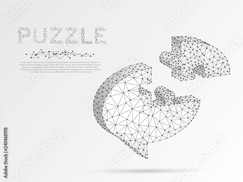 Dialogue cloud Origami style Jigsaw Puzzle. Neon low poly Technology, device concept. Abstract Social Network or Chat theme in form of puzzle. Polygonal connection with wireframe. Vector illustration