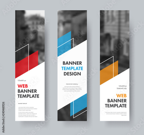 Templates for vertical web banners with diagonal elements for text, color design elements, lines and space for photos.