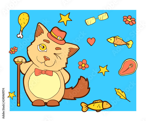 Cartoon character cat. Color background with a kitty.