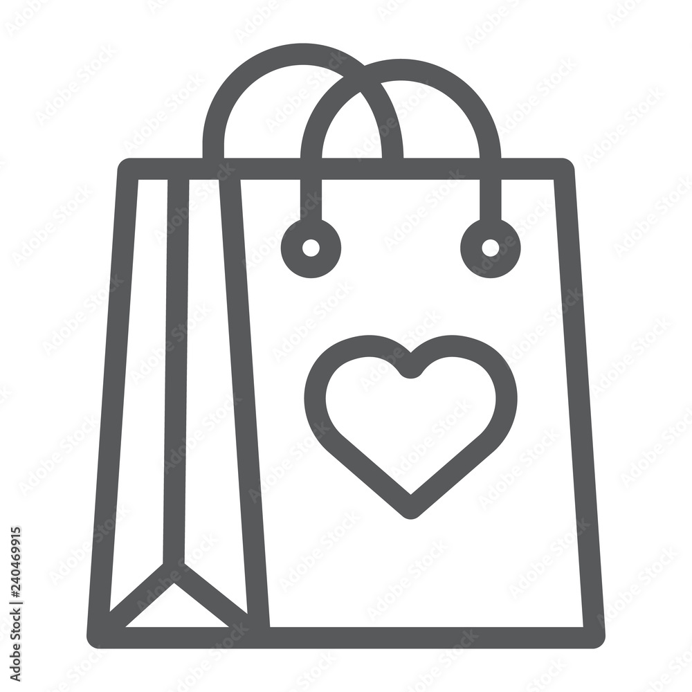 Shopping bag with heart line icon, love and package, gift bag sign, vector graphics, a linear pattern on a white background. Shopping bag with heart line icon, love and package, gift bag sign, vector graphics, a linear pattern on a white background.