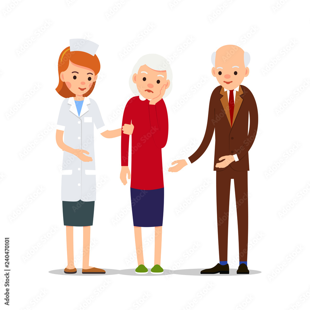 Nurse are taking sick woman, next to her husband. Elderly woman with a toothache. Illustration of people characters isolated on white background in flat style