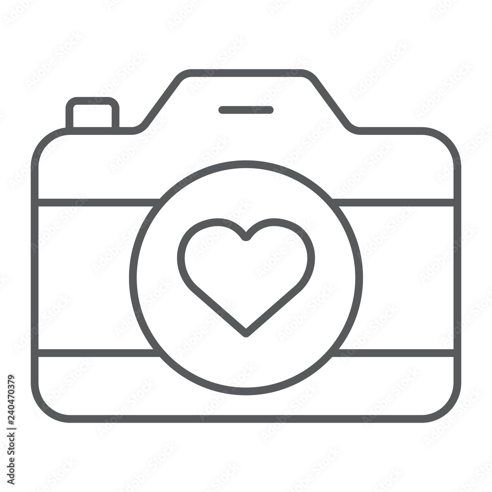 Love camera thin line icon, photography and valentine, photo camera with heart sign, vector graphics, a linear pattern on a white background. Love camera thin line icon, photography and valentine, photo camera with heart sign, vector graphics, a linear pattern on a white background.
