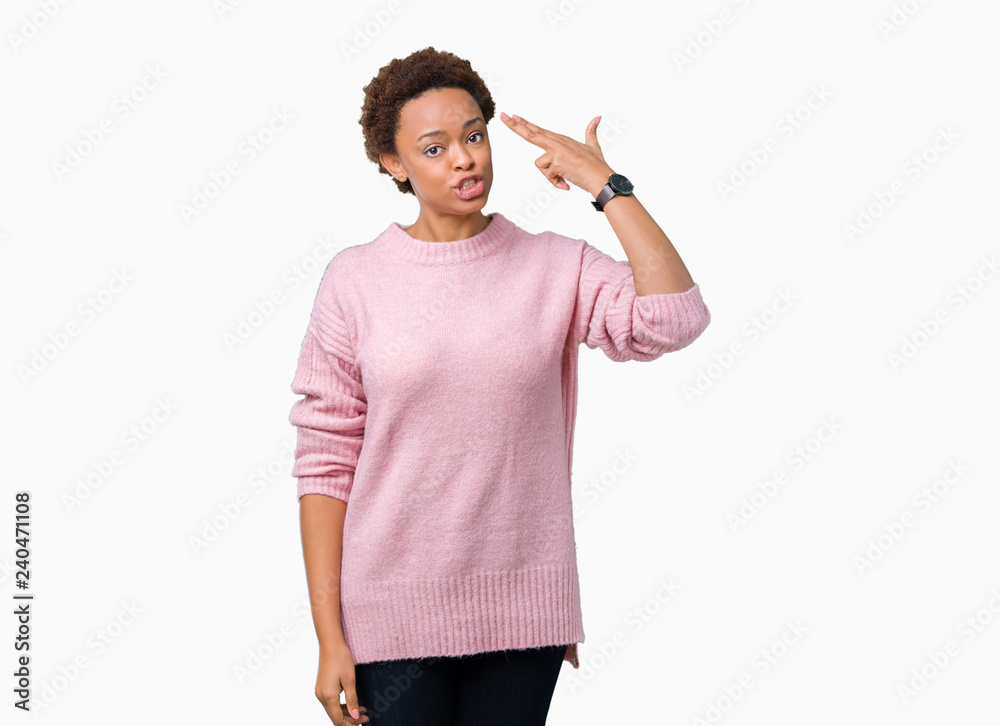 Beautiful young african american woman over isolated background Shooting and killing oneself pointing hand and fingers to head, suicide gesture. Beautiful young african american woman over isolated background Shooting and killing oneself pointing hand and fingers to head, suicide gesture.