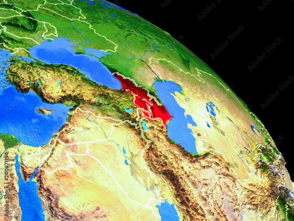 Caucasus region on planet Earth from space with country borders. Very fine detail of planet surface.