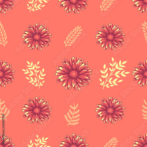 Seamless decorative floral pattern with pink and orange daisy flowers and golden leaves on pink background  © konvinsky