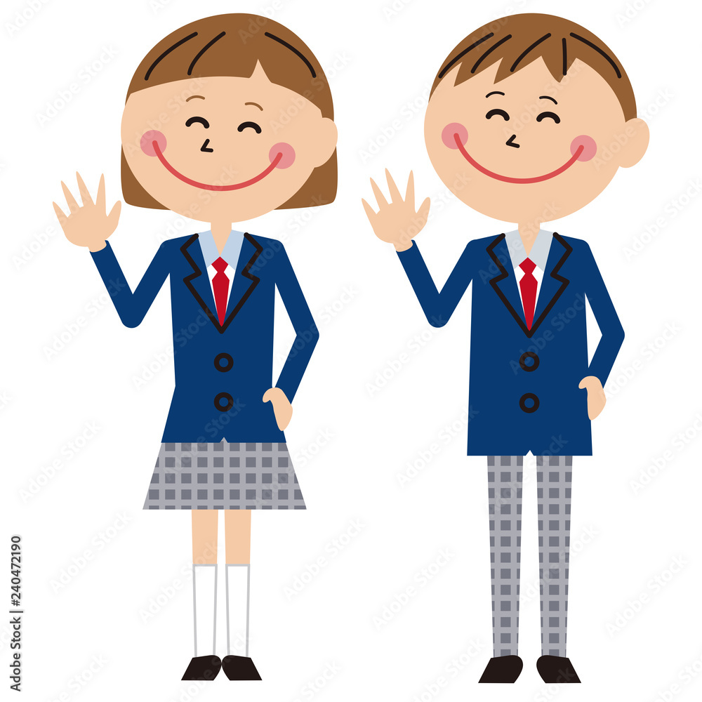 ポップな紺の学生服の男女がはーい ポップな紺の学生服の男女がはーい