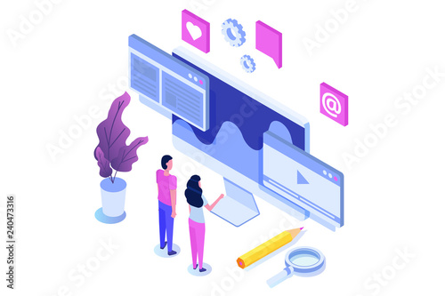 Web seo optimization illustration concept isometric. Landing page template. Sticker for web banner, web page, banner, presentation, social media, documents, cards, posters.