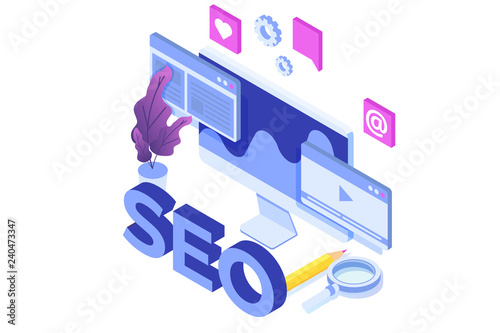 Web seo optimization illustration concept isometric. Landing page template. Sticker for web banner, web page, banner, presentation, social media, documents, cards, posters.