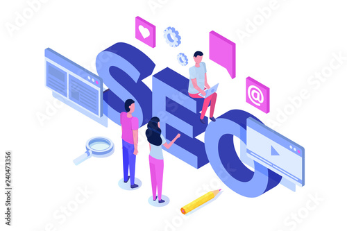 Web seo optimization illustration concept isometric. Landing page template. Sticker for web banner, web page, banner, presentation, social media, documents, cards, posters.