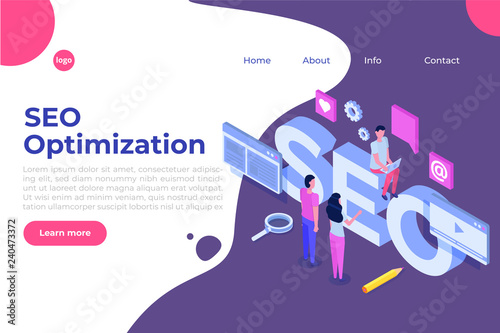 Web seo optimization illustration concept isometric. Landing page template. Sticker for web banner, web page, banner, presentation, social media, documents, cards, posters.
