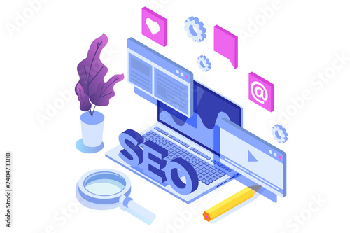 Web seo optimization illustration concept isometric. Landing page template. Sticker for web banner, web page, banner, presentation, social media, documents, cards, posters.