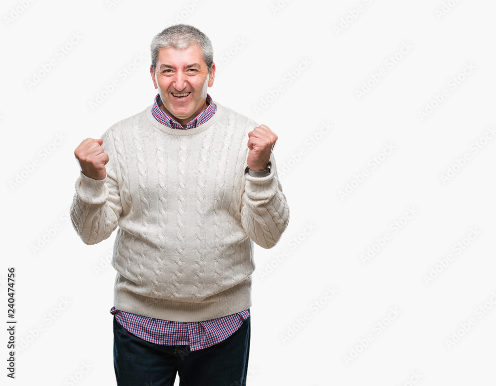 Handsome senior man wearing winter sweater over isolated background very happy and excited doing winner gesture with arms raised, smiling and screaming for success. Celebration concept. Handsome senior man wearing winter sweater over isolated background very happy and excited doing winner gesture with arms raised, smiling and screaming for success. Celebration concept.