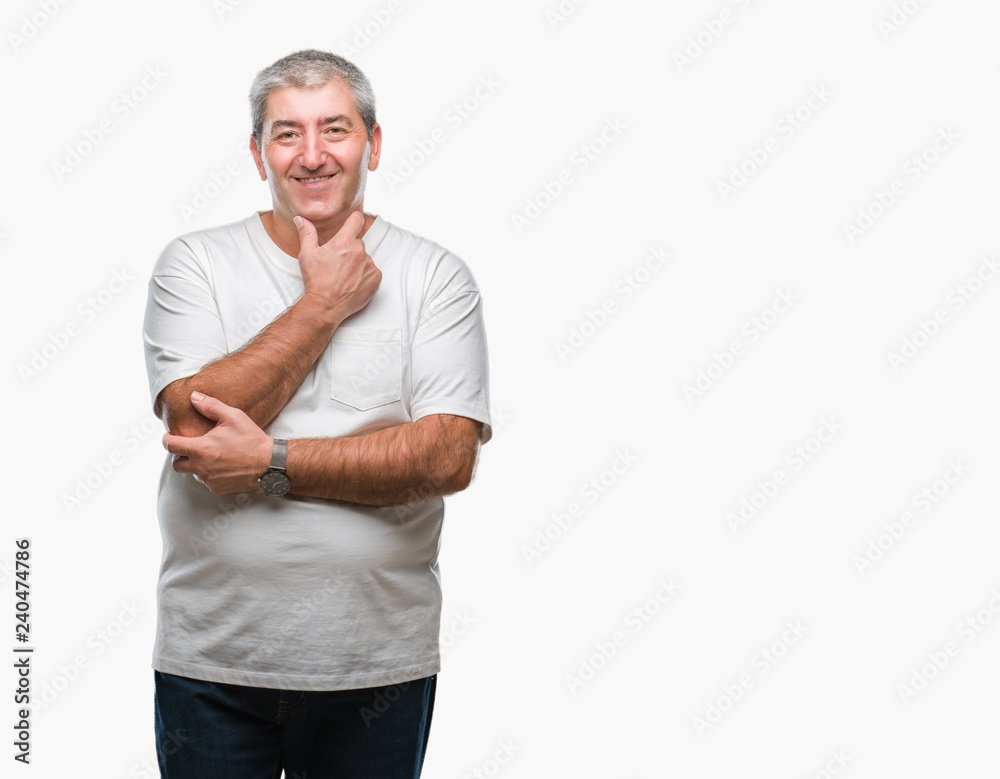 Handsome senior man over isolated background looking confident at the camera with smile with crossed arms and hand raised on chin. Thinking positive. Handsome senior man over isolated background looking confident at the camera with smile with crossed arms and hand raised on chin. Thinking positive.