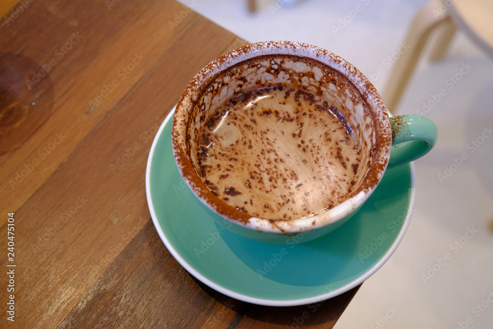 Hot Mocha - A Cup of Coffee on wooden table background and copy space, Morning Breakfast. finished drinking, Empty cup Hot Mocha - A Cup of Coffee on wooden table background and copy space, Morning Breakfast. finished drinking, Empty cup