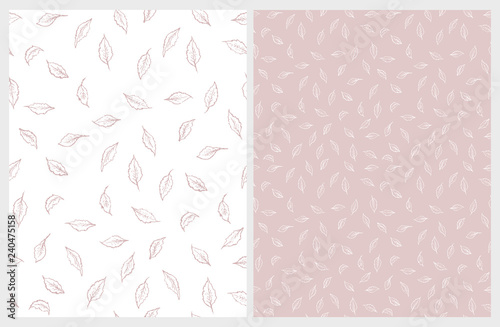 Delicate Hand Drawn Floral Vector Pattern. Light Pink and White Leaves. Pink and White Background. Subtle Pastel Color Drawing. Lovely Repeatable Pattern.