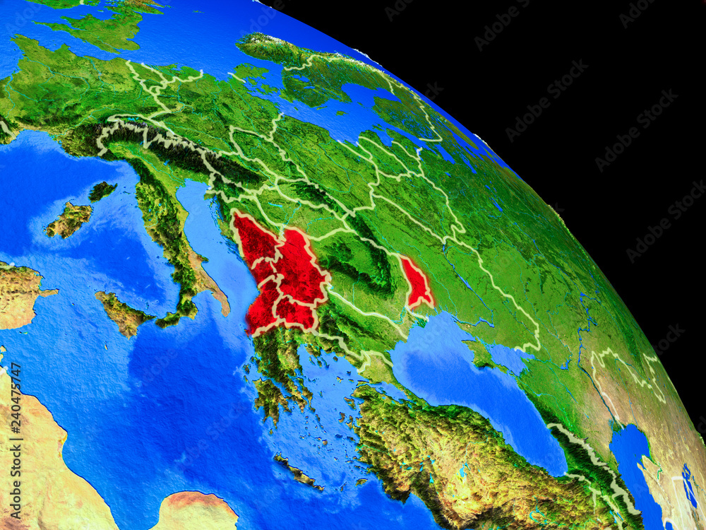 CEFTA countries on planet Earth from space with country borders. Very fine detail of planet surface.