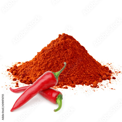 Powder and fresh pimienta roja red pepper isolated on white background