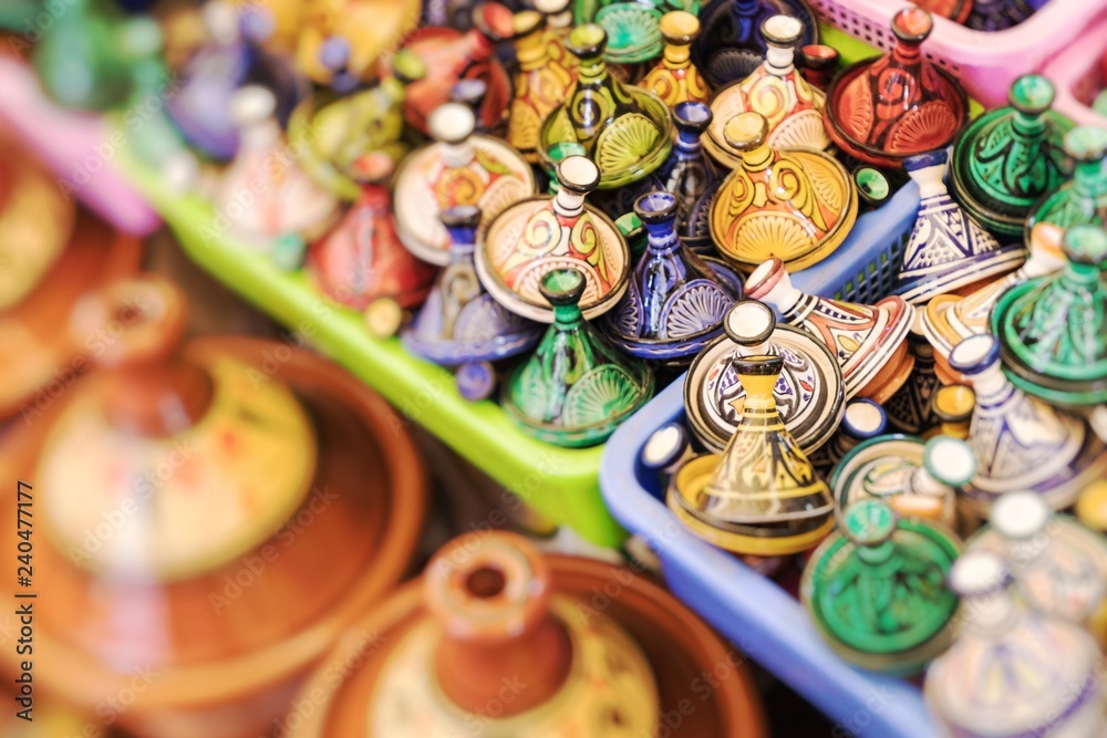 Tajines in the market in Morocco. Selective Focus. Tajines in the market in Morocco. Selective Focus.