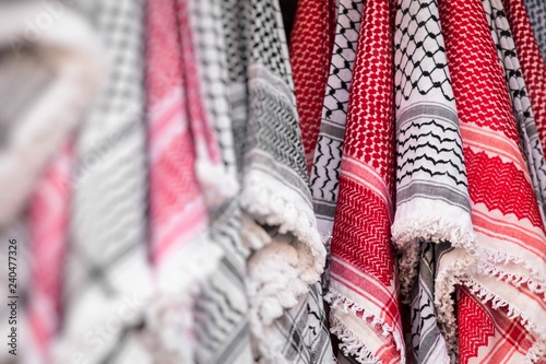 Kufiya man's head scarf popular in the Arab countries. Selective Focus. photo