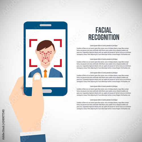 Facial recognition technology, Face ID concept, hand holding smart phone focus in a users face. Vector illustration.