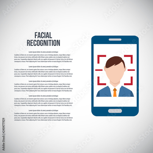 Facial recognition technology, Face ID concept, smart phone focus in a users face. Vector illustration.