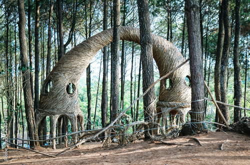 Sculpture at Pinus Pengger Forest (Pine Forest) a major photo opportunity attraction close to Yogyakarta, Indonesia photo