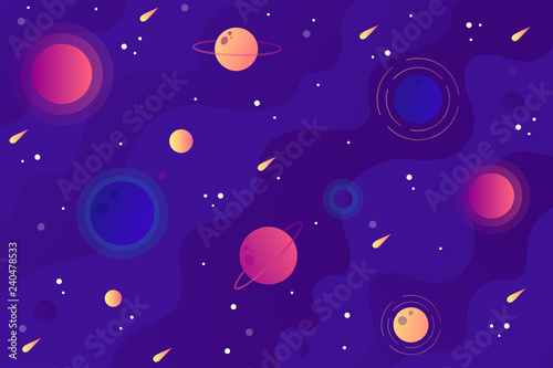 Background with space and planets in flat style.