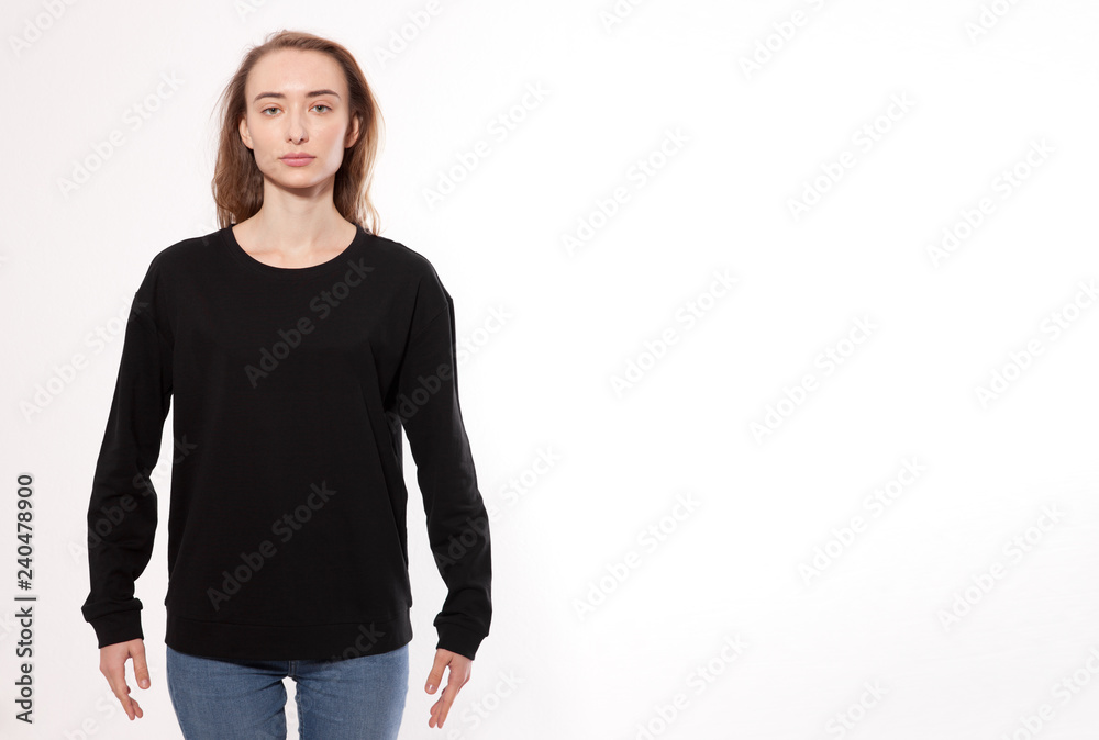 Fototapeta premium young woman in black sweatshirt, black hoodies front view isolated on white background