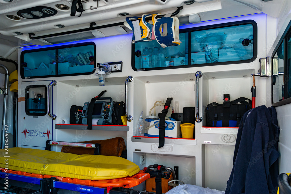 Novi Sad, Serbia - May 27, 2018: Inside an ambulance with medical equipment . Car for patient refer Novi Sad, Serbia - May 27, 2018: Inside an ambulance with medical equipment . Car for patient refer