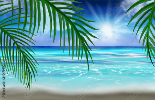 View of the sea, the beach, palm leaves. Tropical sea background. © MiaStendal